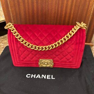 CHANEL Red Quilted Velvet Boy Bag in Gold Hardware